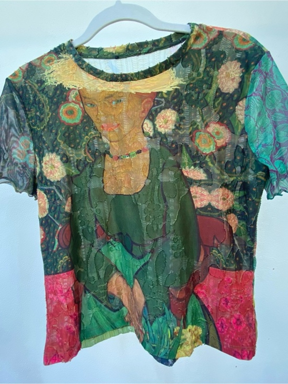 Y2K RARE Euro Desigual Green Graphic Portrait Textured Mesh Top Size S/M